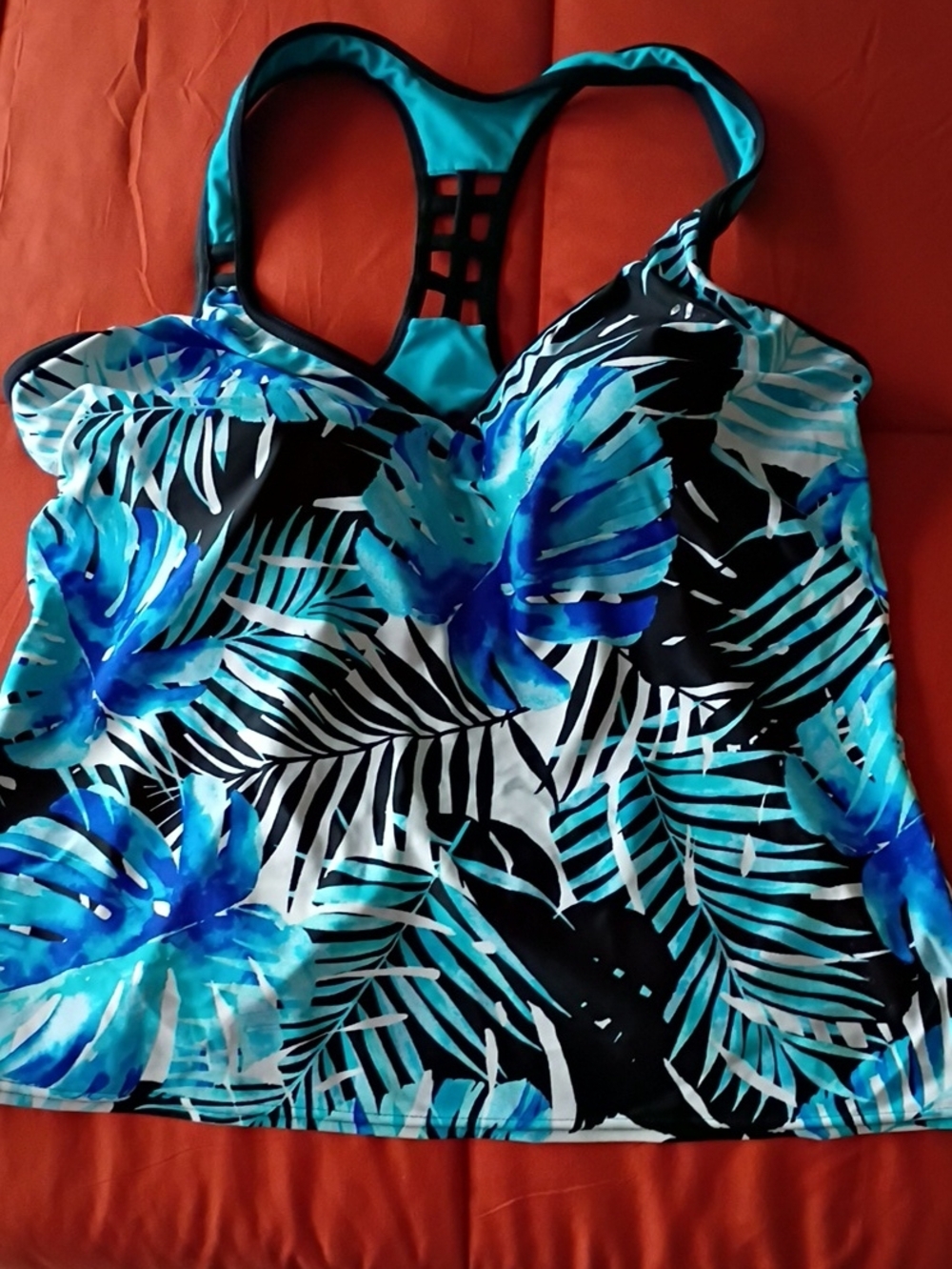 Tropical Blue & Black Printed Tankini Top Size Large